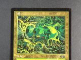 a close up of a card with a picture of a horse in a forest