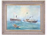 une peinture à l'huile représentant deux navires en mer et un homme dans un canoë