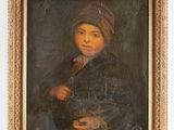 portrait d'un garçon coiffé d'un bonnet rouge et vêtu d'un manteau noir, tenant une pipe