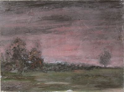 une peinture à l'huile représentant un champ avec des arbres et un ciel rose