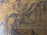 an old drawing of a woman sitting on a chair with a child