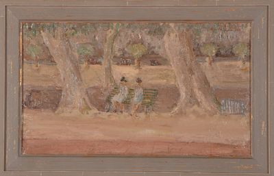 une peinture représentant un homme et une femme assis sur un banc