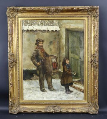 un vieux tableau représentant un homme et un enfant dans la neige
