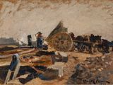 une image représentant un tableau où l'on voit un homme travaillant sur un tas de bois