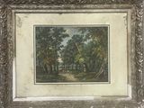 an old picture of a painting of a wooded area with trees