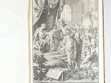 un livre ouvert sur lequel figure le dessin d'un homme debout devant un groupe de personnes
