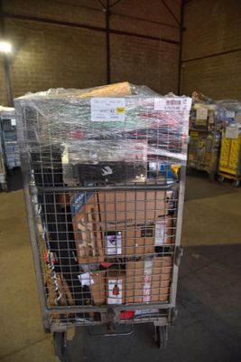 a cart full of boxes in a warehouse filled with supplies