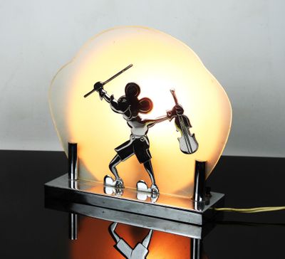 Lampe à poser MICKEY AU VIOLON en métal chromé et verre.