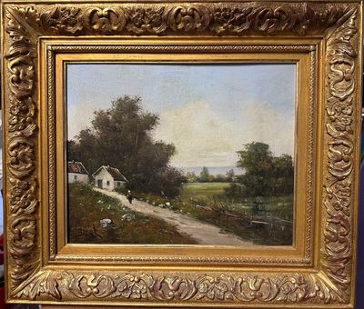 une peinture à l'huile représentant une route de campagne avec une maison au loin