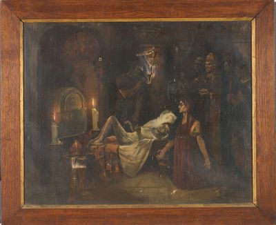 une peinture à l'huile représentant une femme allongée sur un lit à côté d'un homme