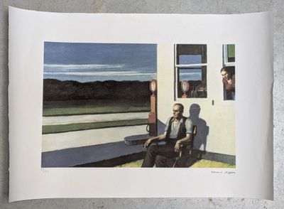 a picture of a man sitting on a chair in front of a building