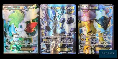 three different types of pokemon cards are shown on a black background