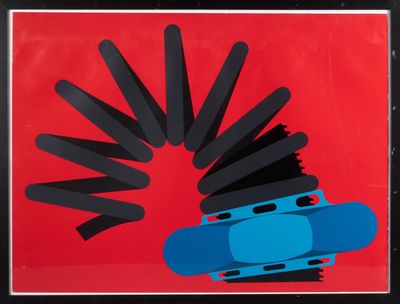 an image of a picture of a blue skateboard with black sticks sticking out of it