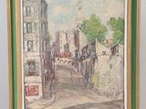 peinture sur chevalet représentant une scène de rue avec des bâtiments et une calèche