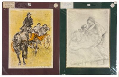 deux dessins représentant un homme à cheval et une femme dans une calèche