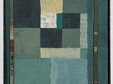 une peinture abstraite composée de carrés bleus, verts et jaunes