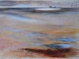 une peinture à l'huile représentant une scène de plage avec un bateau au loin