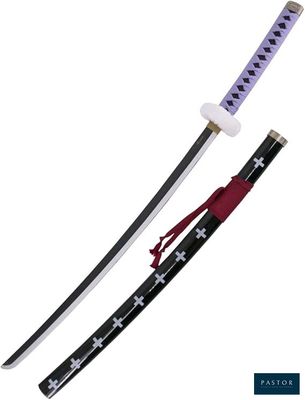 un gros plan d'une épée avec un manche rouge et une lame noire
