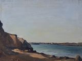 painting of a view of a rocky beach with a body of water in the distance