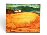 l'image d'une peinture représentant un champ avec une maison au loin