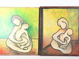 tableau représentant deux tableaux : l'un d'une femme et l'autre d'un homme assis par terre