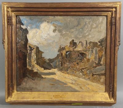 une peinture à l'huile d'une scène de rue avec une voiture à cheval
