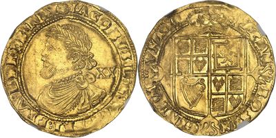 a gold coin with an image of a man holding a sword