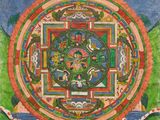 une peinture représentant une roue bouddhiste ornée de nombreux symboles