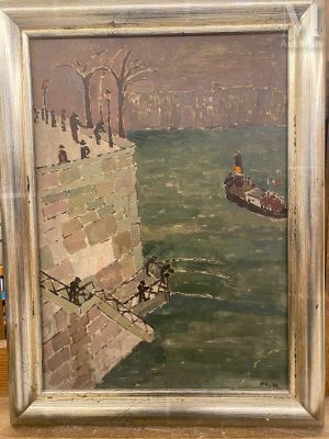 a picture of a painting of a boat in the water