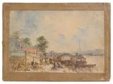 an image of a painting of a river scene with boats and people