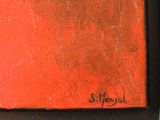 an oil painting of a red and black painting with a black frame
