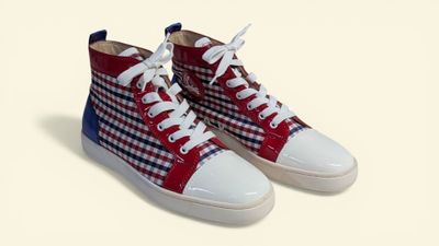 red, white and blue checkered high top sneakers with white laces