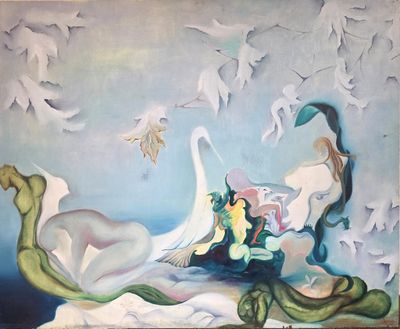 painting of a painting of a swan and other birds flying over a body of water