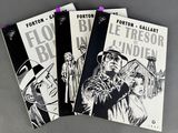 three covers of books with black and white illustrations of a man holding a gun and a woman holding a gun