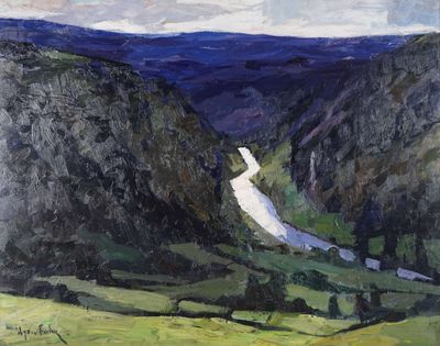 an oil painting of a river running through a lush green valley