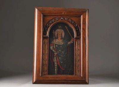 Huile sur panneau, cintrée en partie supérieure, représentan…