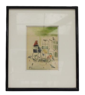 framed watercolor painting of a woman sitting at a table with birds