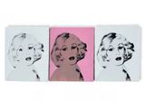 three paintings of marilyn monroe in pink and black on a white background