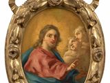 an image of a painting of jesus holding a child in a gold frame