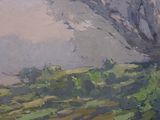 an oil painting of a tree on a hill with a sky background