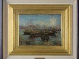 a picture of a painting of a boat in the water