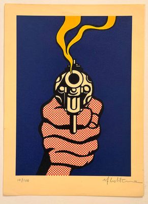 an image of a painting of a hand holding a gun with smoke coming out of it
