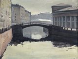 une peinture représentant un pont au-dessus d'une rivière avec des bâtiments à l'arrière-plan