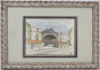 tableau représentant un vieux bâtiment au toit rouge, dans un cadre