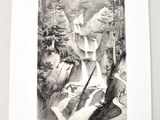 an old black and white drawing of a waterfall in a forest
