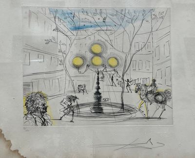 a drawing of a fountain with yellow lights on it