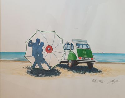 un tableau représentant deux personnes marchant sur la plage avec un parasol