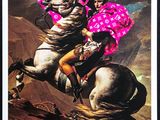 painting of a man riding a horse with a pink umbrella