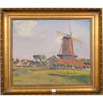 une peinture à l'huile représentant un moulin à vent dans un champ, avec le ciel en arrière-plan