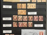 an old picture of a display case with a lot of stamps on it